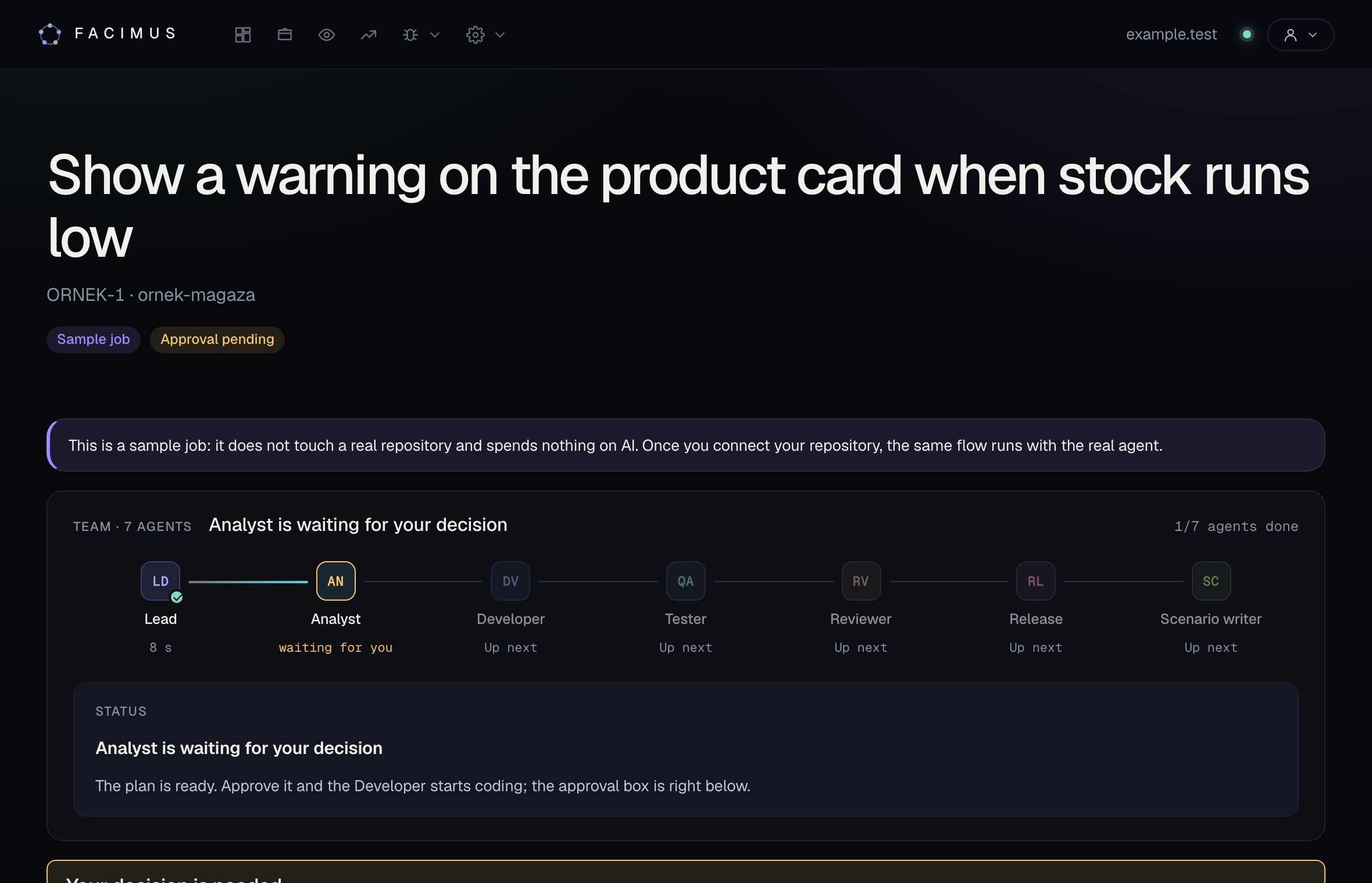Facimus job page: a seven-agent pipeline with a plan waiting for approval